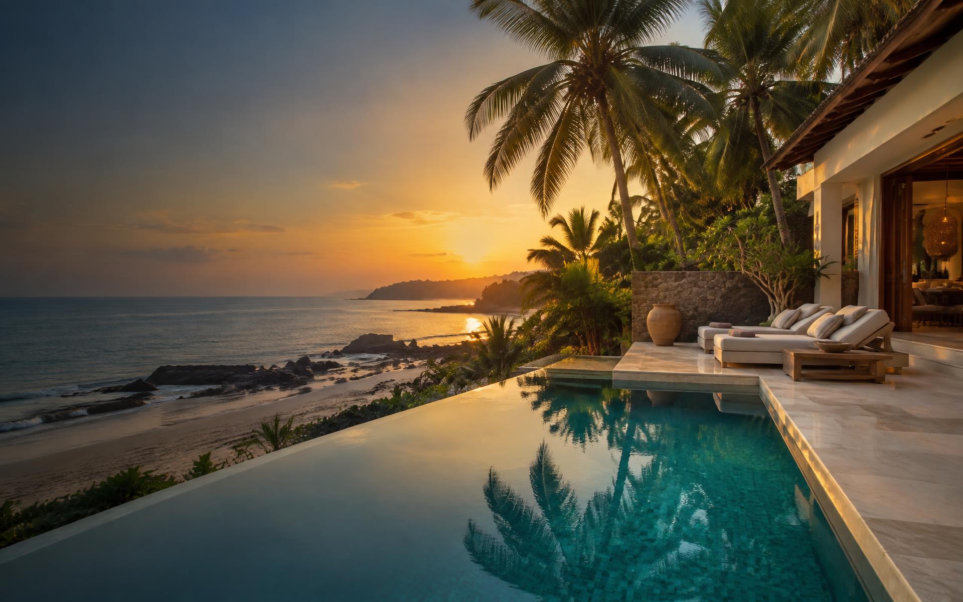 Private Goa villa and pool beside the sea at golden hour